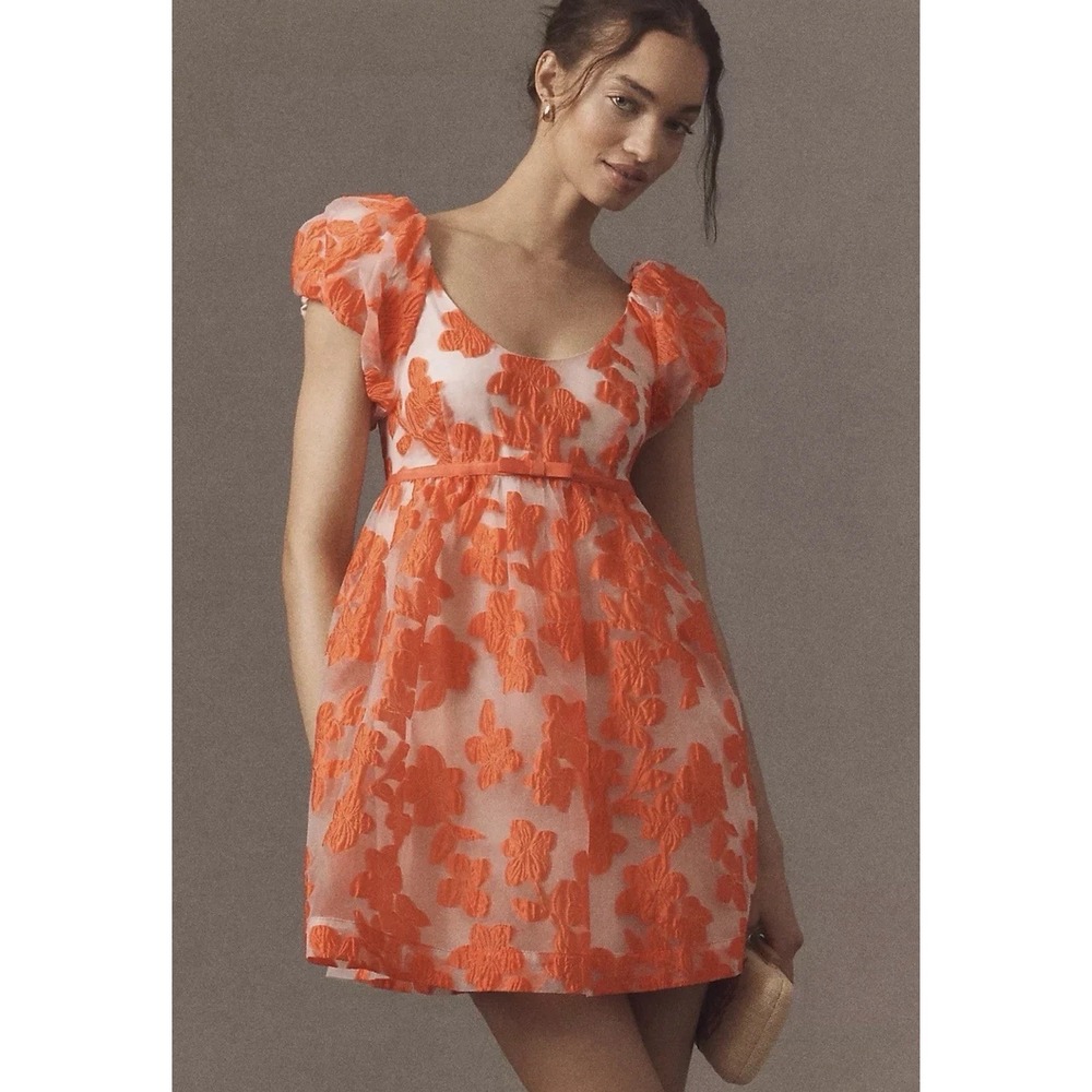 Puff-Sleeve Scoop-Neck Babydoll Mini Dress Anthropologie Womens Large